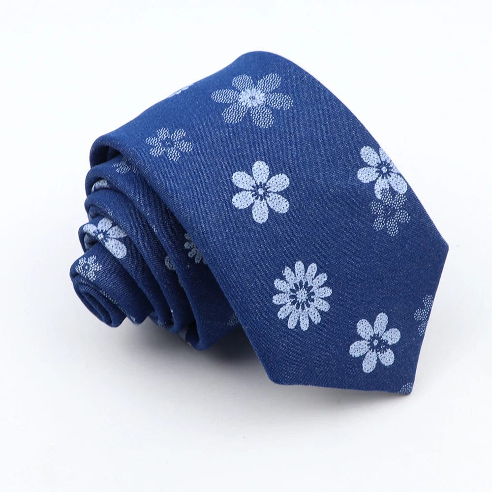 ZONFAZ Blue Cotton Denim Ties For Men Skinny Floral Neckties