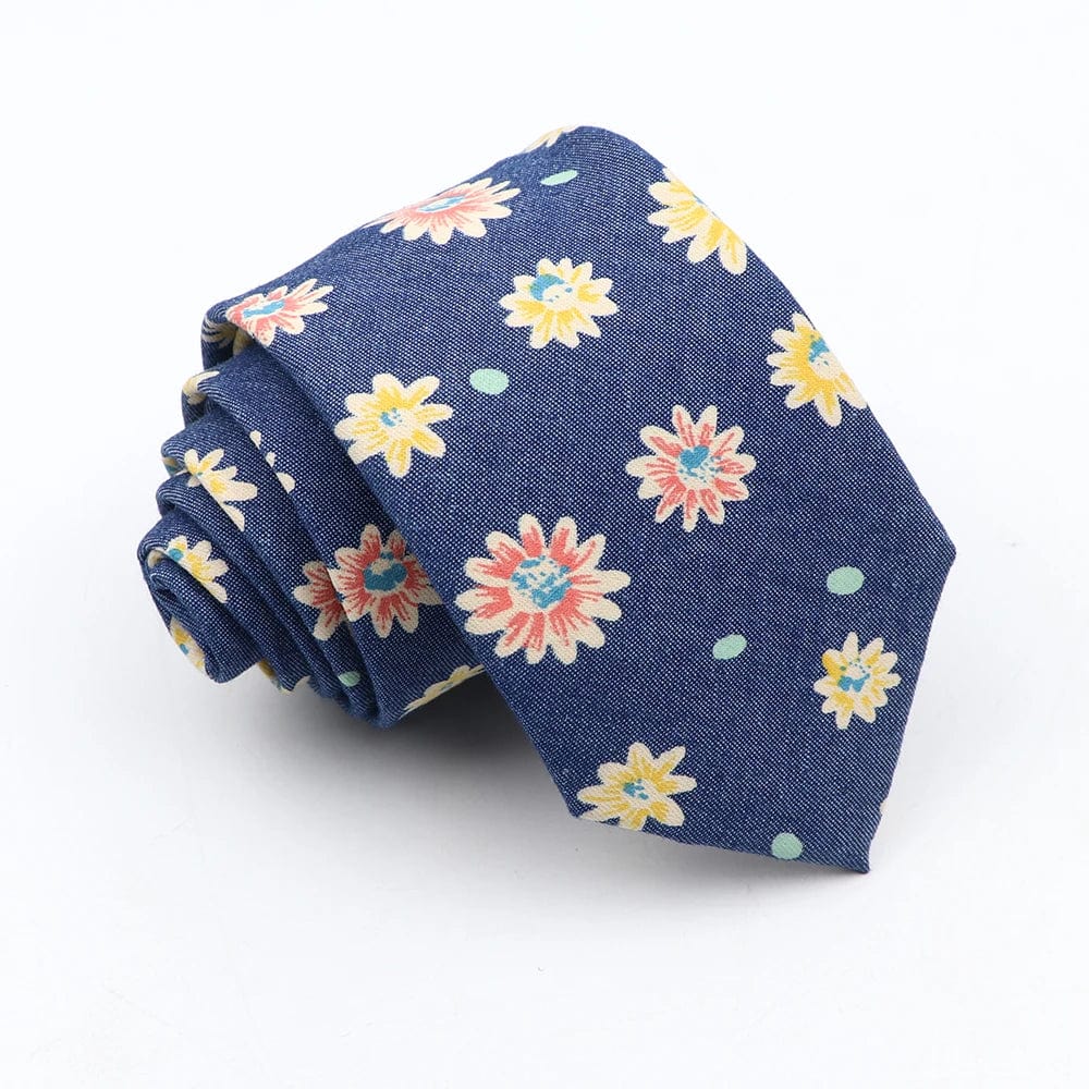 ZONFAZ Blue Cotton Denim Ties For Men Skinny Floral Neckties