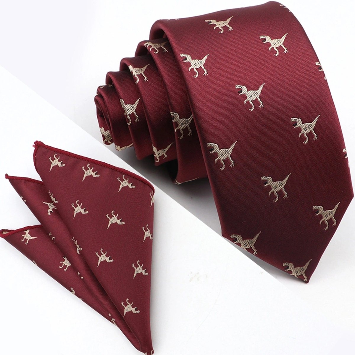 ZONFAZ Cartoon Dinosaur Skinny Silk Tie Pocket Square Set