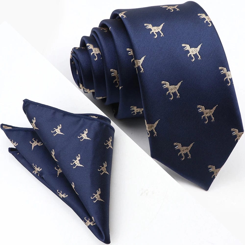 ZONFAZ Cartoon Dinosaur Skinny Silk Tie Pocket Square Set