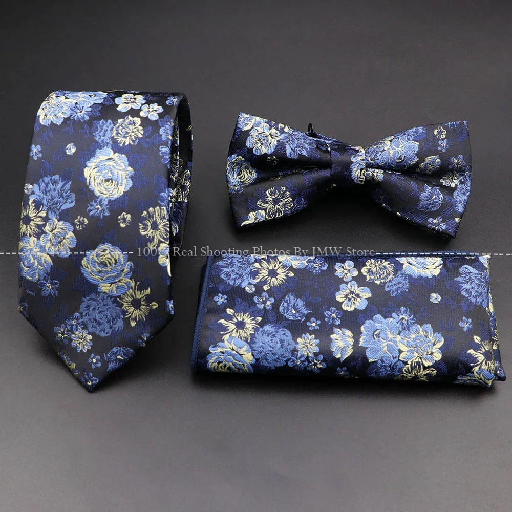 ZONFAZ Floral Silk Tie Bowtie Pocket Square Set