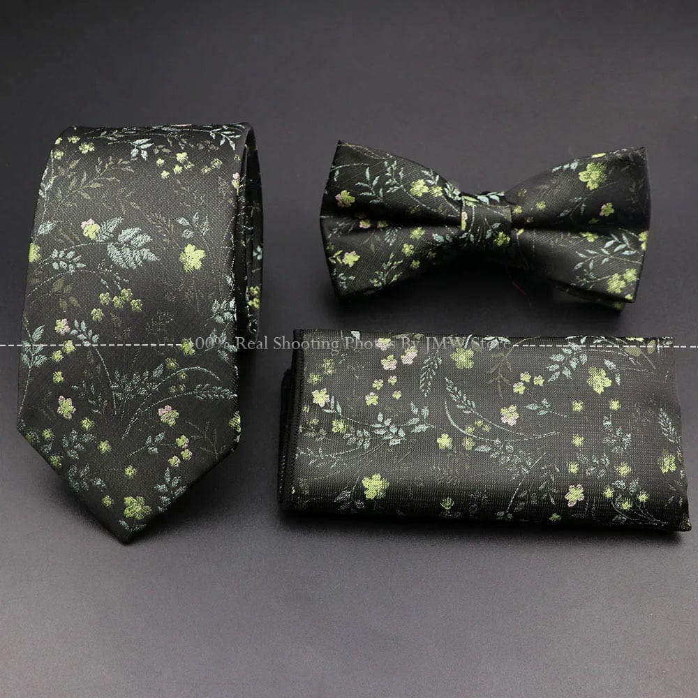 ZONFAZ Floral Silk Tie Bowtie Pocket Square Set