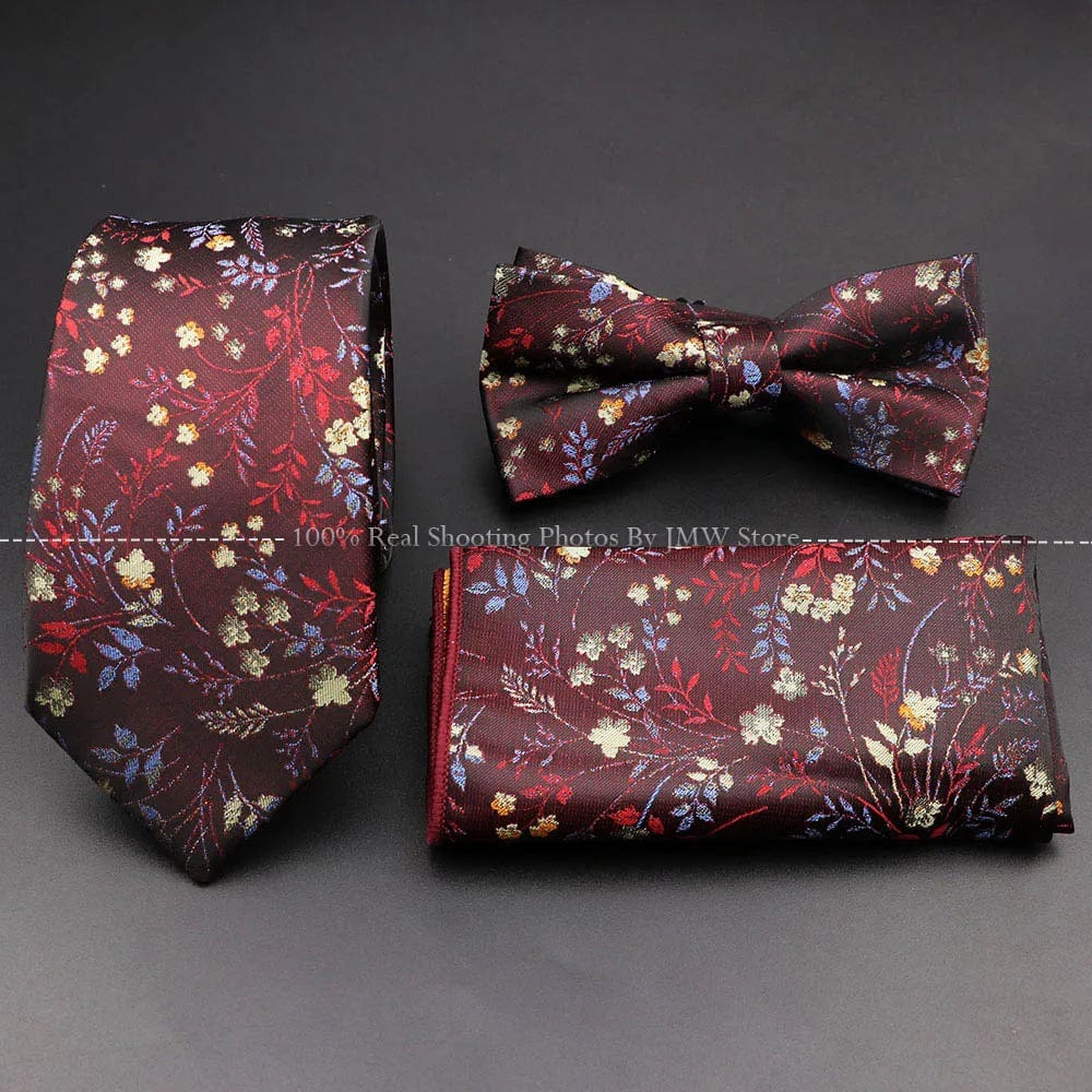 ZONFAZ Floral Silk Tie Bowtie Pocket Square Set