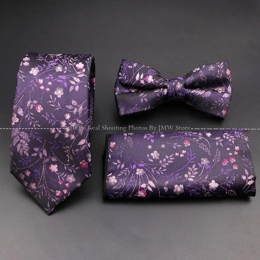 ZONFAZ Floral Silk Tie Bowtie Pocket Square Set