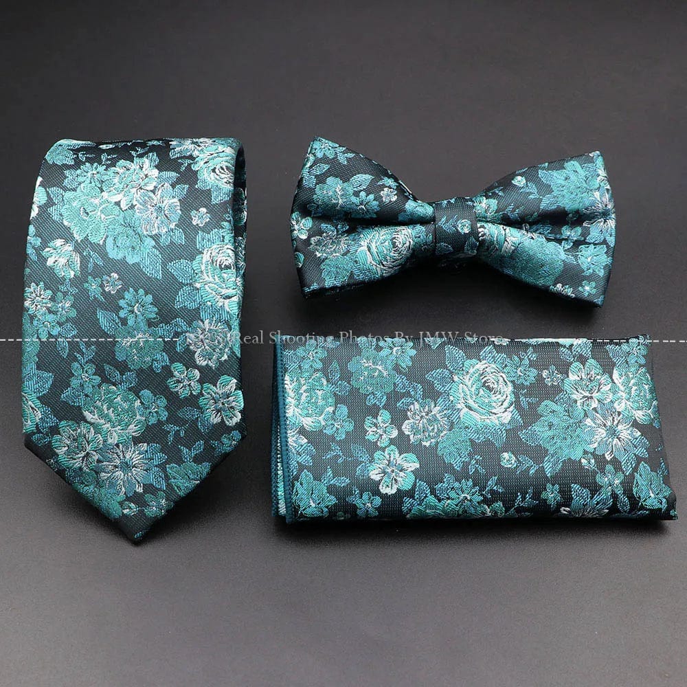 ZONFAZ Floral Silk Tie Bowtie Pocket Square Set