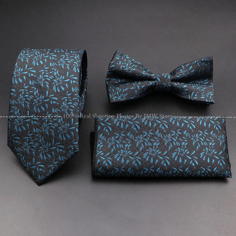 ZONFAZ Floral Silk Tie Bowtie Pocket Square Set