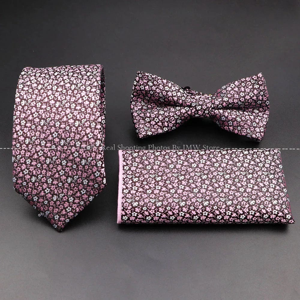 ZONFAZ Floral Silk Tie Bowtie Pocket Square Set