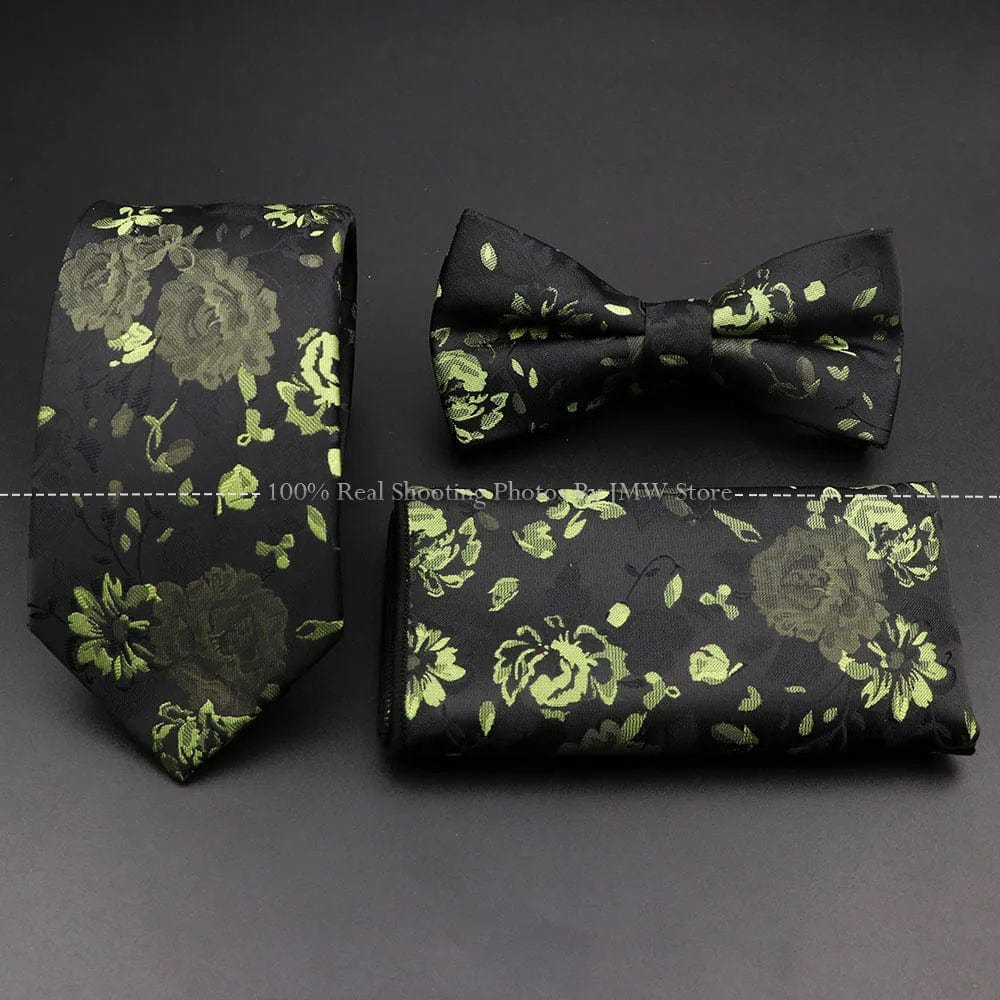 ZONFAZ Floral Silk Tie Bowtie Pocket Square Set