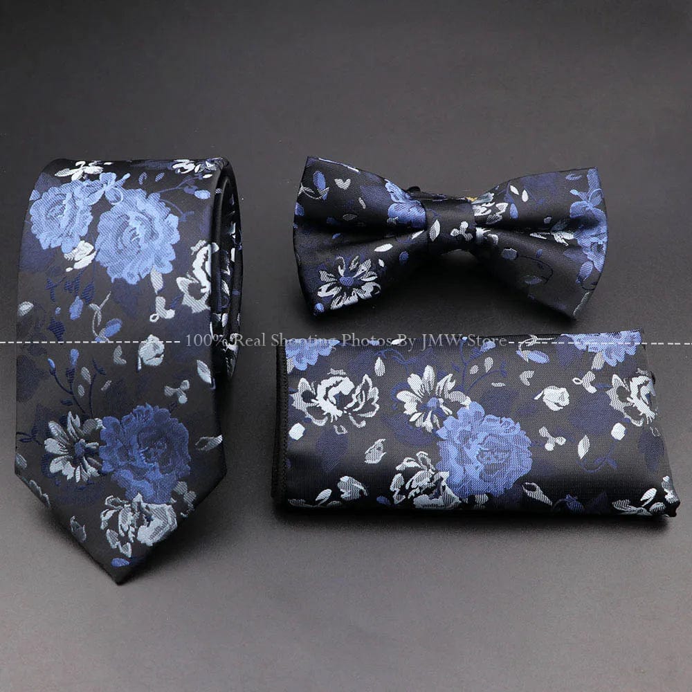 ZONFAZ Floral Silk Tie Bowtie Pocket Square Set