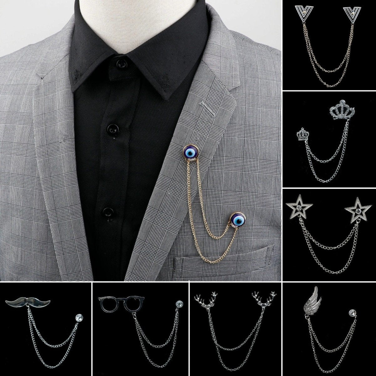 ZONFAZ Men Chain Lapel Pin Suit Shirt Collar Tassel Brooch Pins