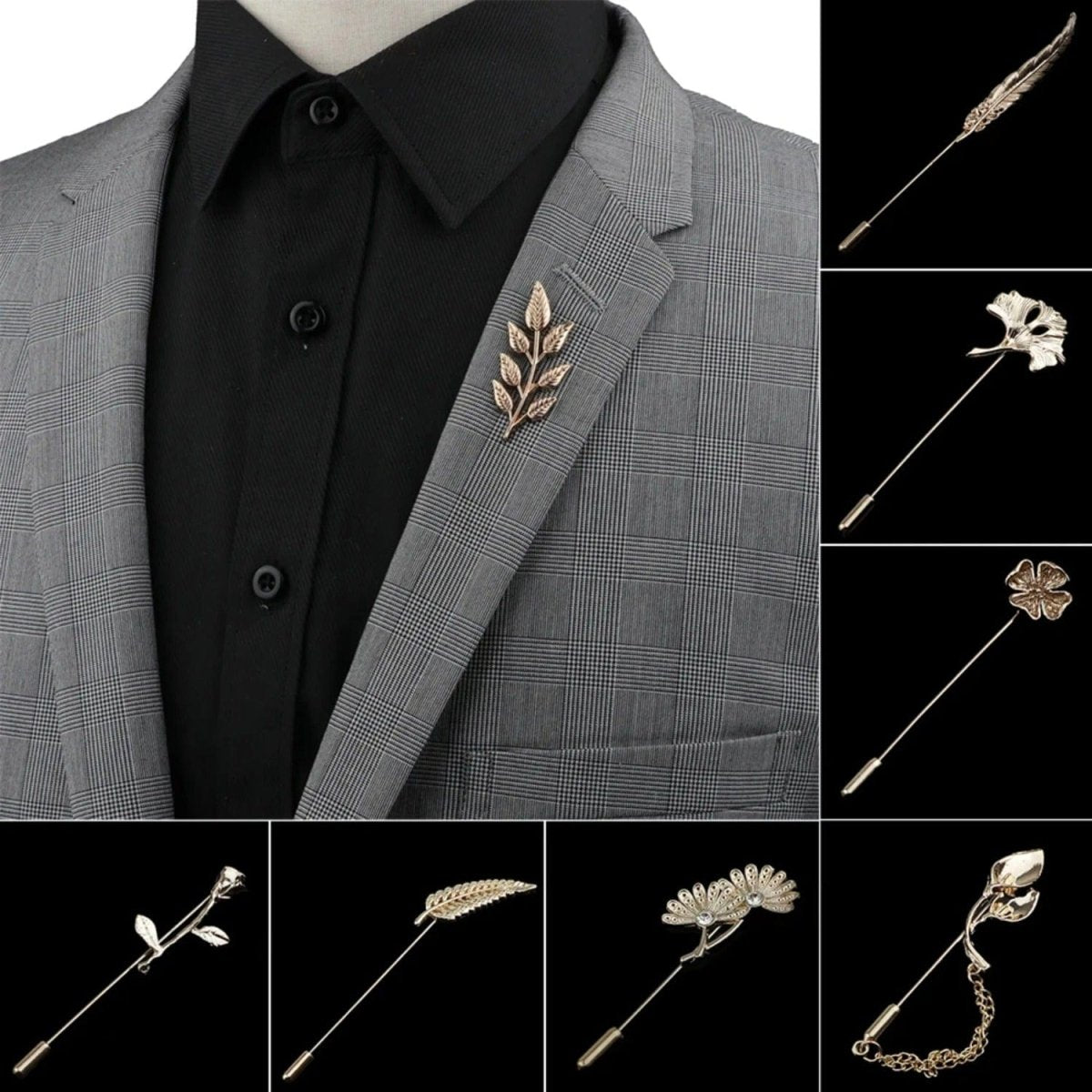 ZONFAZ Men's Advanced Chic Brooches Gold Black Lapel Pins Shirt Collar Pin