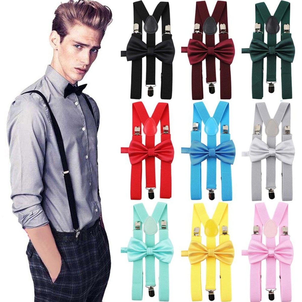 ZONFAZ Men's Solid Adjustable Suspender Bow Tie Set