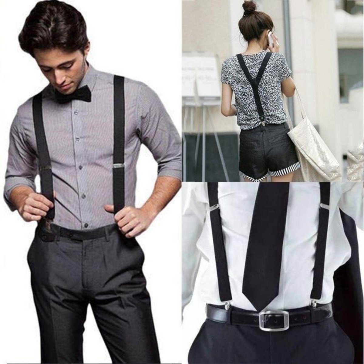 ZONFAZ Men's Solid Adjustable Suspender Bow Tie Set