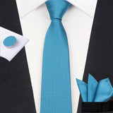 ZONFAZ Men's Solid Color Plaid Silk Necktie Pocket Square Cufflinks Set