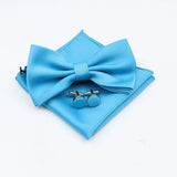 ZONFAZ Mens Solid Color Silk Bowtie Pocket Square Cufflinks Set