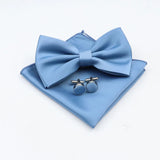 ZONFAZ Mens Solid Color Silk Bowtie Pocket Square Cufflinks Set