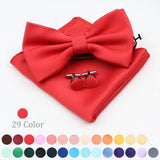 ZONFAZ Mens Solid Color Silk Bowtie Pocket Square Cufflinks Set