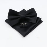 ZONFAZ Mens Solid Color Silk Bowtie Pocket Square Cufflinks Set