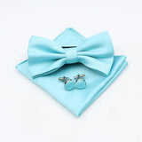 ZONFAZ Mens Solid Color Silk Bowtie Pocket Square Cufflinks Set