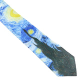 ZONFAZ Retro Oil Painting Silk Tie For Men Star Moon Night Funny Skinny Necktie