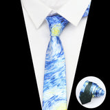 ZONFAZ Retro Oil Painting Silk Tie For Men Star Moon Night Funny Skinny Necktie