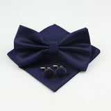 ZONFAZ Solid Color Silk Bow Tie Pocket Square Cufflinks Set