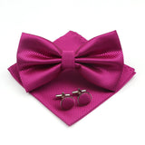 ZONFAZ Solid Color Silk Bow Tie Pocket Square Cufflinks Set