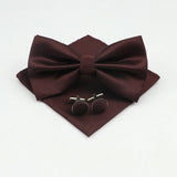 ZONFAZ Solid Color Silk Bow Tie Pocket Square Cufflinks Set