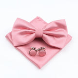 ZONFAZ Solid Color Silk Bow Tie Pocket Square Cufflinks Set