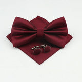 ZONFAZ Solid Color Silk Bow Tie Pocket Square Cufflinks Set