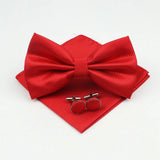 ZONFAZ Solid Color Silk Bow Tie Pocket Square Cufflinks Set