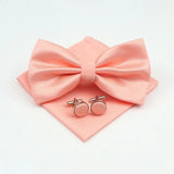 ZONFAZ Solid Color Silk Bow Tie Pocket Square Cufflinks Set