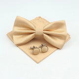 ZONFAZ Solid Color Silk Bow Tie Pocket Square Cufflinks Set