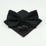 ZONFAZ Solid Color Silk Bow Tie Pocket Square Cufflinks Set