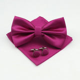 ZONFAZ Solid Color Silk Bow Tie Pocket Square Cufflinks Set