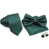 ZONFAZ Solid Color Silk Tie Set Mens Plaid Necktie Bowtie Pocket Square Cufflink Set