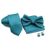 ZONFAZ Solid Color Silk Tie Set Mens Plaid Necktie Bowtie Pocket Square Cufflink Set