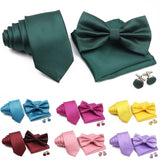 ZONFAZ Solid Color Silk Tie Set Mens Plaid Necktie Bowtie Pocket Square Cufflink Set