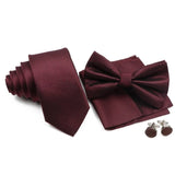 ZONFAZ Solid Color Silk Tie Set Mens Plaid Necktie Bowtie Pocket Square Cufflink Set