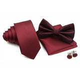 ZONFAZ Solid Color Silk Tie Set Mens Plaid Necktie Bowtie Pocket Square Cufflink Set