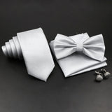 ZONFAZ Solid Color Silk Tie Set Mens Plaid Necktie Bowtie Pocket Square Cufflink Set