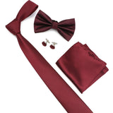 ZONFAZ Solid Color Silk Tie Set Mens Plaid Necktie Bowtie Pocket Square Cufflink Set