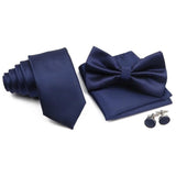 ZONFAZ Solid Color Silk Tie Set Mens Plaid Necktie Bowtie Pocket Square Cufflink Set