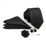 ZONFAZ Solid Polka Dot Striped Necktie Pocket Square Cufflinks Brooch Pin Corsage Flower Set