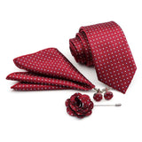 ZONFAZ Solid Polka Dot Striped Necktie Pocket Square Cufflinks Brooch Pin Corsage Flower Set