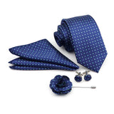 ZONFAZ Solid Polka Dot Striped Necktie Pocket Square Cufflinks Brooch Pin Corsage Flower Set