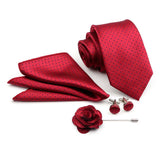 ZONFAZ Solid Polka Dot Striped Necktie Pocket Square Cufflinks Brooch Pin Corsage Flower Set