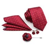 ZONFAZ Solid Polka Dot Striped Necktie Pocket Square Cufflinks Brooch Pin Corsage Flower Set