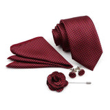 ZONFAZ Solid Polka Dot Striped Necktie Pocket Square Cufflinks Brooch Pin Corsage Flower Set