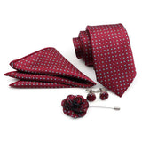 ZONFAZ Solid Polka Dot Striped Necktie Pocket Square Cufflinks Brooch Pin Corsage Flower Set